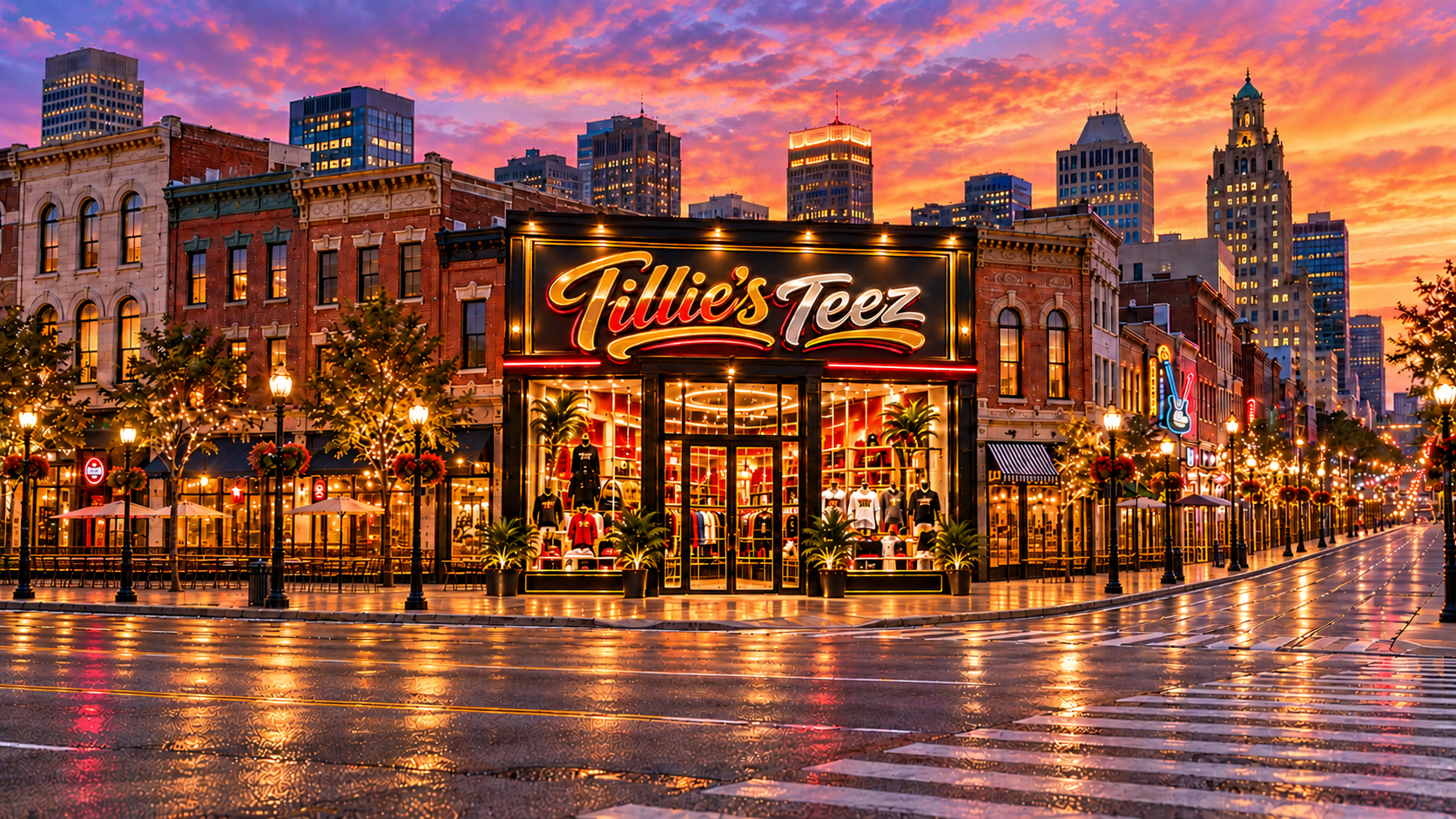 Wide downtown Memphis town scene with Tillie's Teez among neighboring shops, an intersection, sidewalks, traffic and the city skyline